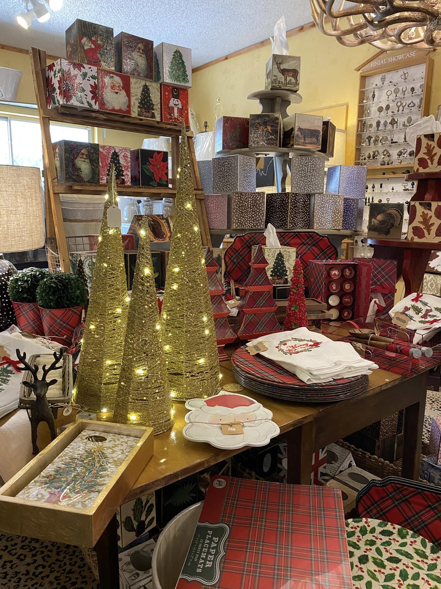 Christmas and winter-themed home decor items.