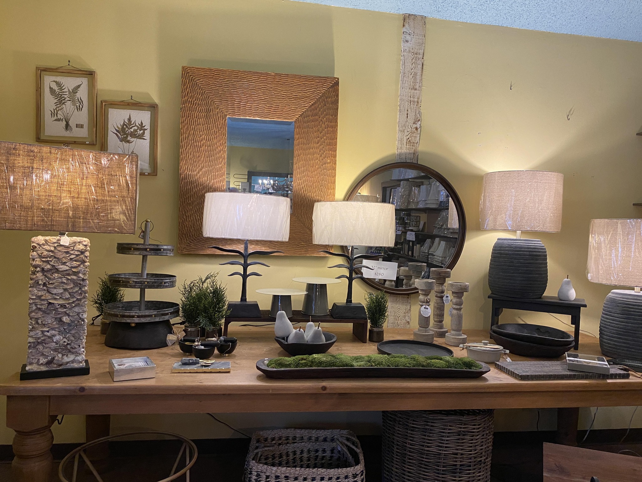 An array of lamps, shades, and other home decor items.